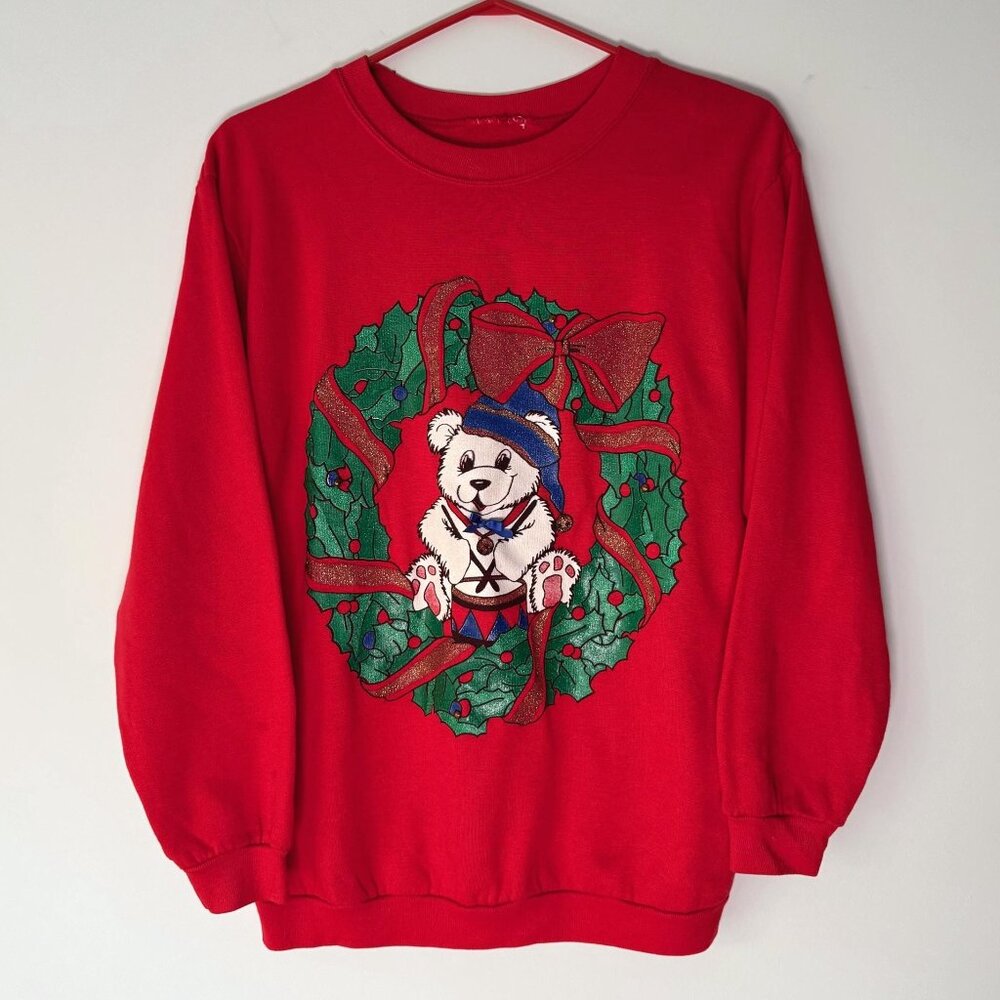90s vintage red christmas wreath teddy bear graphic acrylic pullover sweater